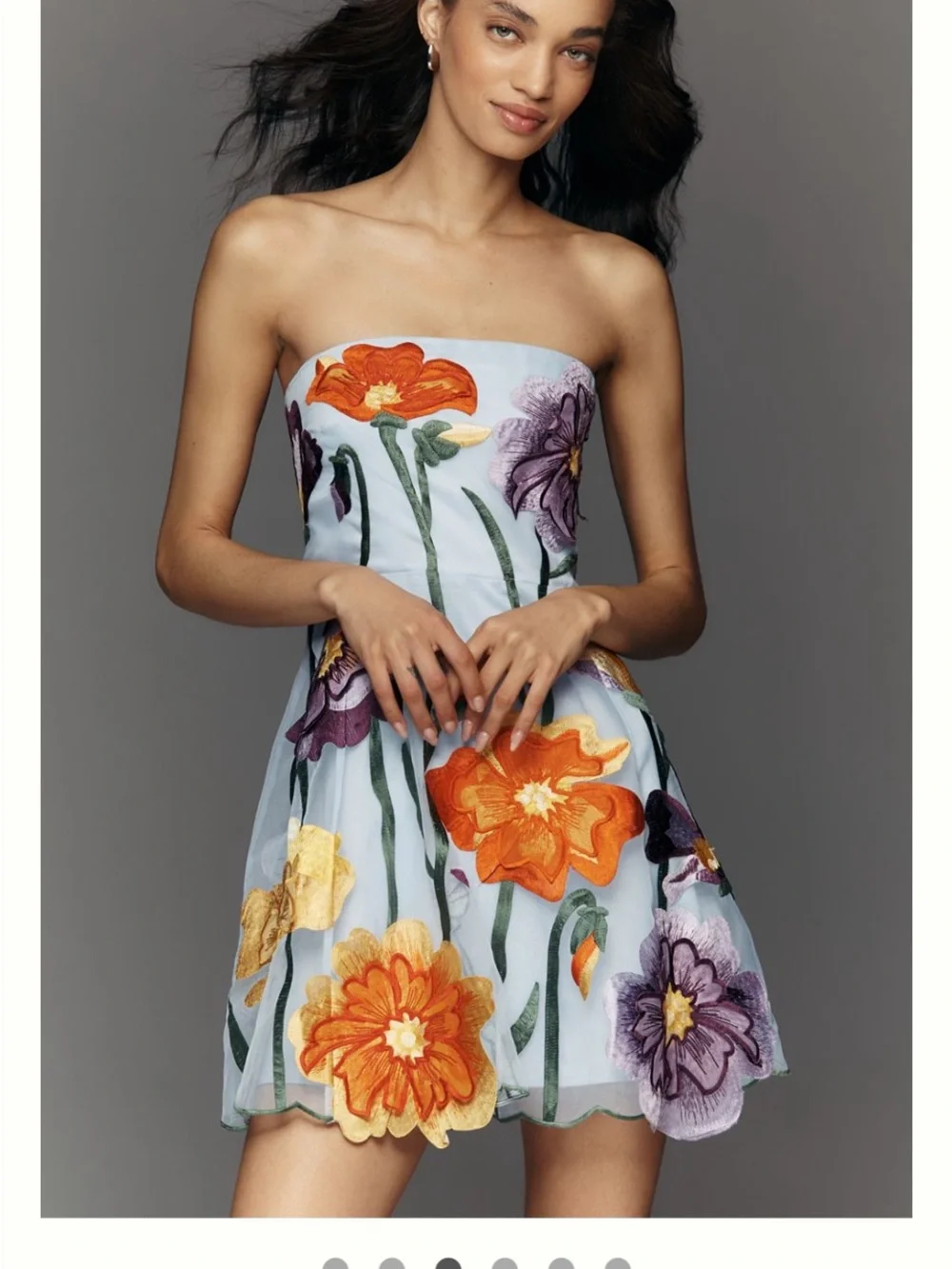 Maeve Strapless Light Blue Mini Dress with Orange & Purple Floral Appliqués - Picture 3 of 5
